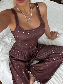 CottageSlumber Women's Fashion Minimalist Heart Print Camisole Top & Long Pants Pajama Set - Coffee Brown - View 5