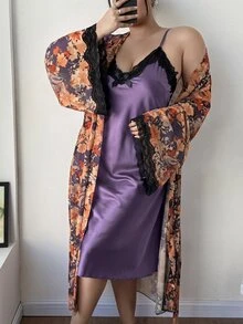 SHEIN 成熟優雅緞面細肩帶洋裝 花卉圖案網紗晨袍 大尺碼睡衣 2件套 - 紫色 - 查看 6
