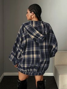 Maweii Plus Size Long Sleeve Vintage Slouchy Plaid Hooded Casual Lightweight Jacket - Navy Blue - View 6