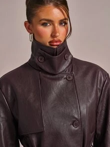 SHEIN BAE Jaket Wanita Elegan dengan Kancing, Kerah Tinggi, Lengan Panjang, Bahan PU - Coklat - View 8