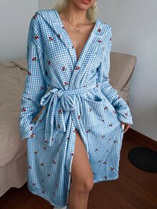 Softscene 女款冬季毛絨粉色格紋櫻桃印花連帽睡袍 - 藍色 - 查看 7