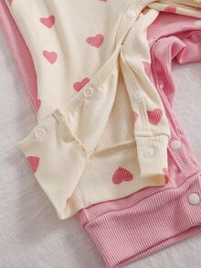SHEIN 2 Pack Baby Girls Romper Jumpsuit Sweet Pink Cream Bear Heart Print Ruffle Bow Long Sleeve Round Neck Regular Holiday Fall Princess Cozy Ribbed - Baby Pink - View 3