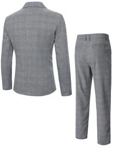 Manfinity Mode Men's Plaid Lapel Long Sleeve Single-Breasted Suit Set - Grey - View 2