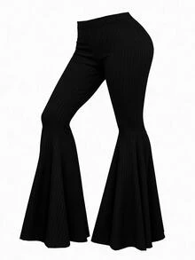 Rometta Plus Size High Elasticity Ribbed Slim Fit Flare Pants - Black - View 3