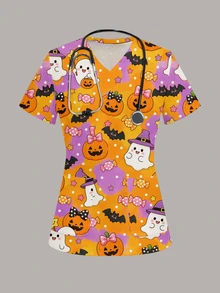 PopScrub Fun Halloween Pumpkin Ghost Orange & Purple Contrast Color Ghost Candy Doctor Nurse Scrub Uniform Top - Multicolor - View 1