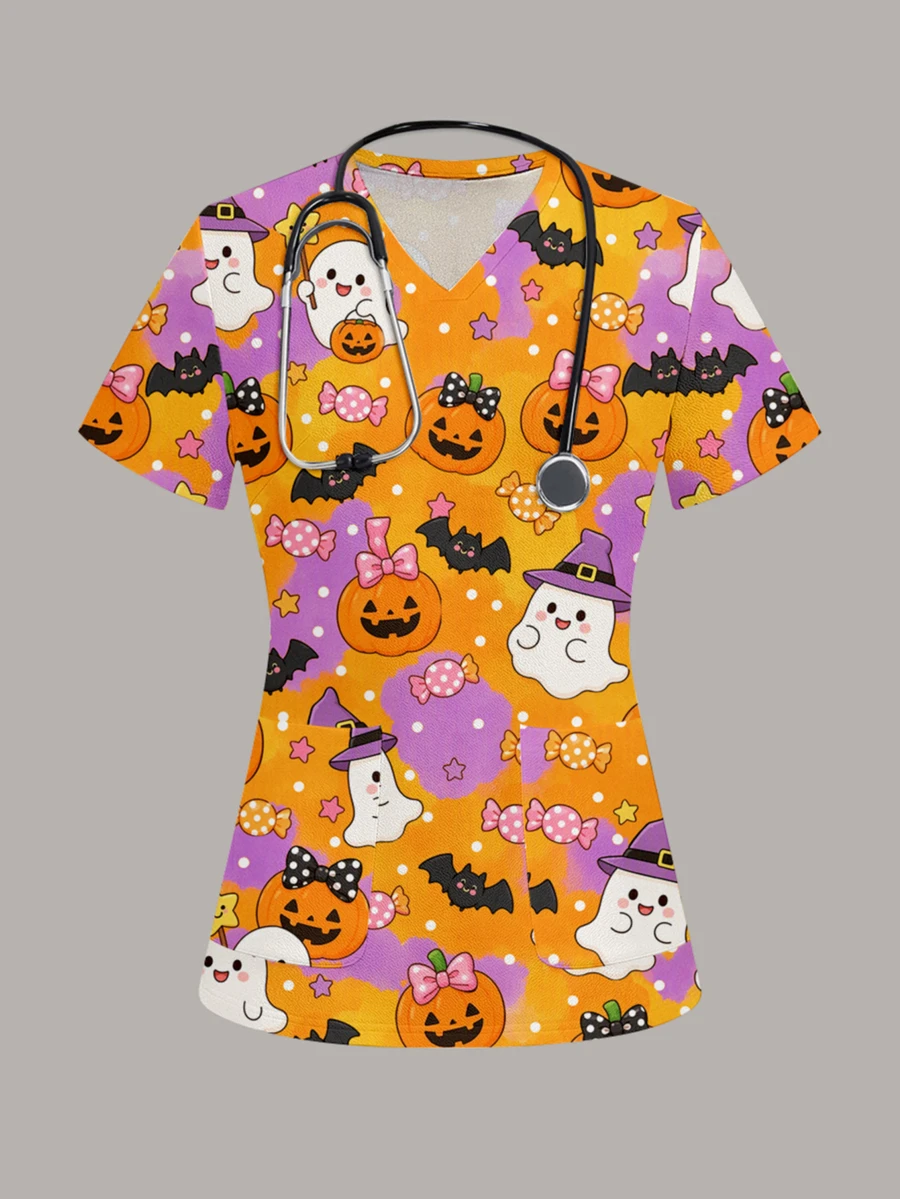 PopScrub Fun Halloween Pumpkin Ghost Orange & Purple Contrast Color Ghost Candy Doctor Nurse Scrub Uniform Top - Multicolor - View 1
