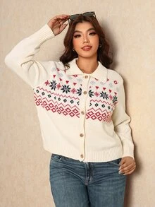 Elaquor Áo cardigan nữ size lớn thu đông họa tiết Fair Isle, cổ bẻ, cài nút đơn - Màu be - Xem 4