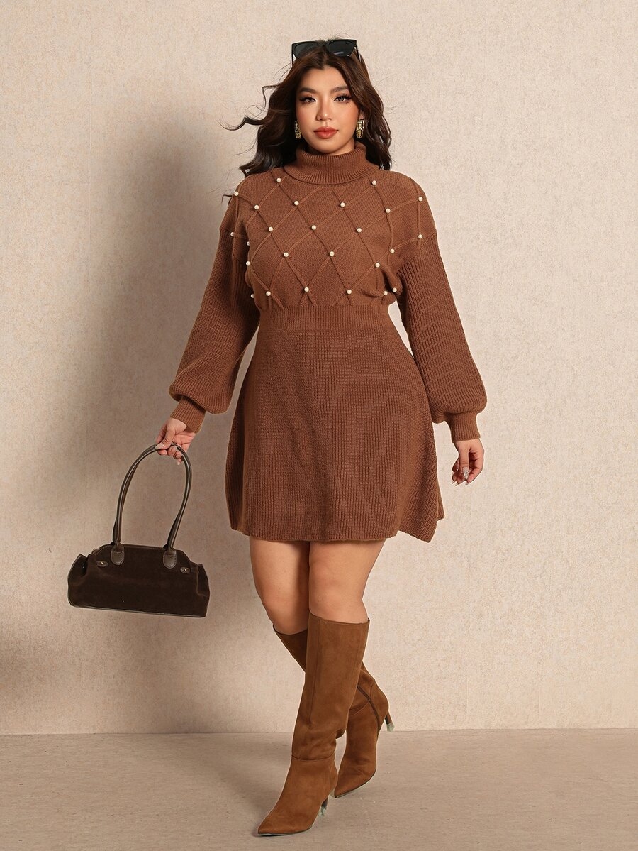 Elaquor Plus Size Women's Solid Color Faux Pearl Decor High Neck Long Sleeve Elegant Knit Dress - Multicolor - View 1