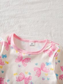 SHEIN 秋冬薄款針織圓領拼色粉色女童蝴蝶結彩色甜美數位印花拼色女童幼兒2件組長袖上衣與長褲套裝，修身舒適柔軟面料，受年輕女孩歡迎，睡衣/居家服 - 粉色 - 查看 4