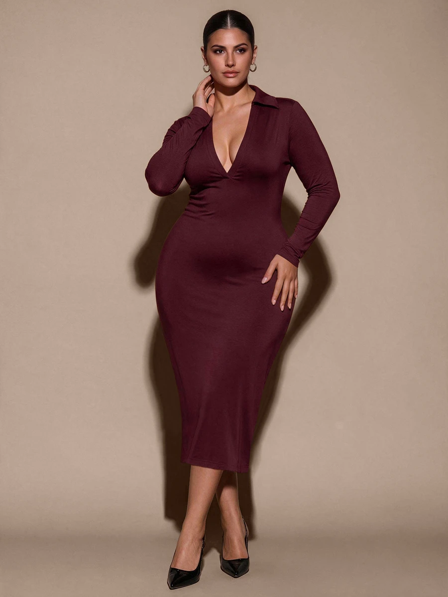 SHEIN BAE CURVE Plus Size Women's Grape Purple Polo Collar Mid-Length Dress - Purple - View 1