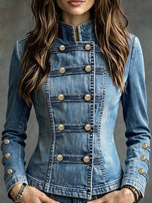 SHEIN Women's Fashion Denim Effect Print Button Decor Shirt - Blue - View 1
