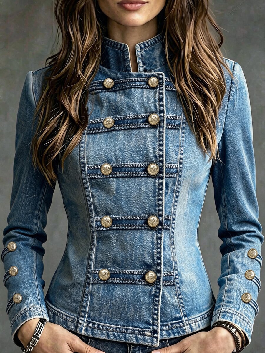 SHEIN Women's Fashion Denim Effect Print Button Decor Shirt - Blue - View 1