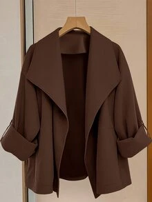 GlowEve CURVE 大尺碼女款捲袖寬鬆休閒夾克，純色，適合日常、通勤，秋冬穿搭 - 咖啡棕 - 查看 3