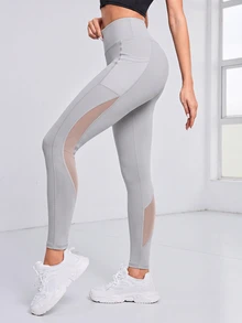 Exploreva Exploreva Women's Solid Color Contrast Mesh Pocket Sports Leggings - Light Grey - View 3