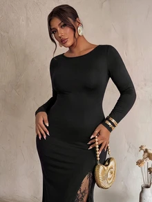 Firerie Plus Size Women's Lace Patchwork Elegant Cinched Waist Party Dress - Black - View 3