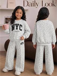 Young Girl Kids Autumn/Winter Leopard Print Casual Minimalist Letter Pattern Pullover Sweatshirt & Sweatpants 2 Pieces Set,Fall,Fall Clothes - Grey - View 1