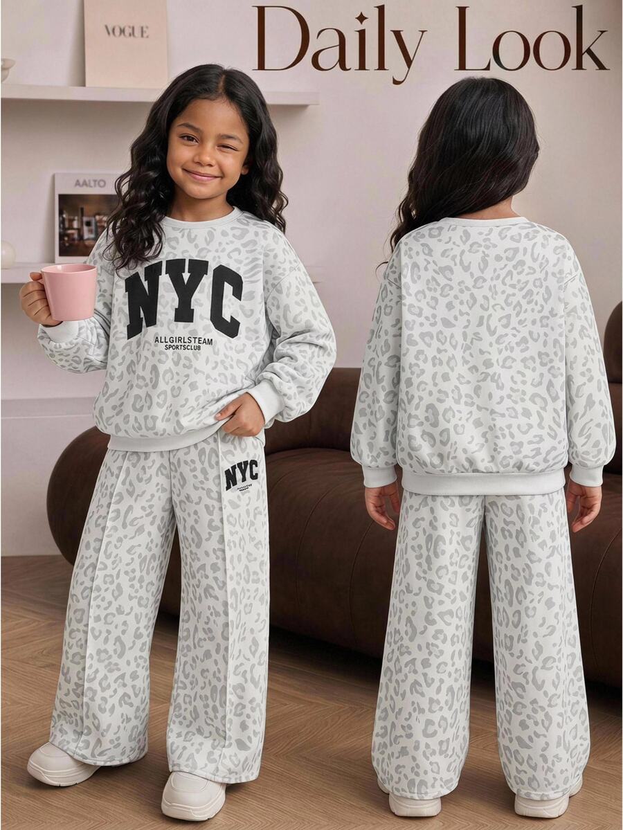 Young Girl Kids Autumn/Winter Leopard Print Casual Minimalist Letter Pattern Pullover Sweatshirt & Sweatpants 2 Pieces Set,Fall,Fall Clothes - Grey - View 1