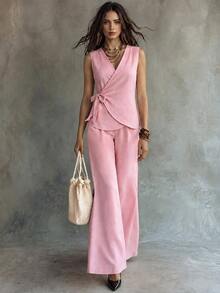 SHEIN 時尚優雅通勤女款 V 領無袖粉色上衣與長褲兩件套，春夏款 - 粉色 - 查看 5