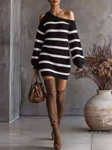 SHEIN Women's Striped Asymmetrical Neck Long Sleeve Fashion Knit Dress - Black - View 5