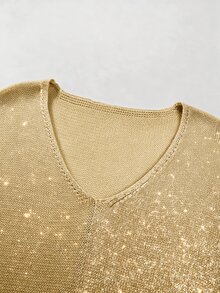 SHEIN 秋冬拼接配色V領針織毛衣，對比撞色長袖寬鬆上衣 - 杏色 - 查看 6