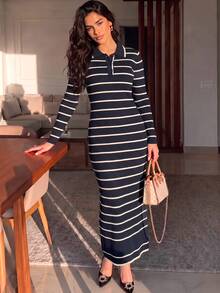 Modelyn Women's Polo Collar Striped Contrast Color Autumn/Winter Long Sleeve Sweater Dress - Royal Blue - View 7