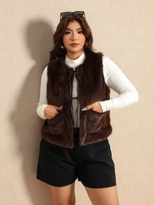 Elaquor Plus Size Women's Solid Color Front Tie Vest Faux Fur Jacket - Coffee Brown - View 6