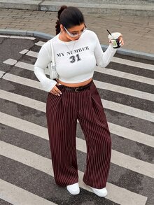 SHEIN EZwear Plus Size Solid Color Button Closure Casual Wide Leg Pants With Belt In Fall/Winter - Burgundy - View 5
