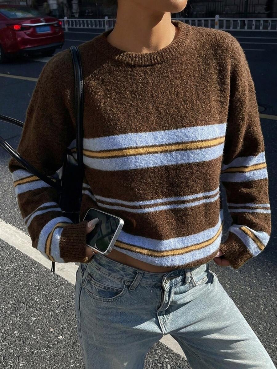 DAZY Women's Round Neck Striped Loose Fit Sweater - Brown - View 1