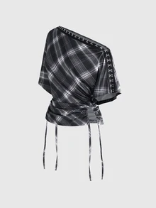 ROMWE Grunge Punk Women's Plaid Knit Printed Asymmetric Shoulder Button Cinched Waist T-Shirt - Black - View 5