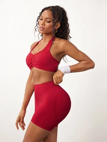 Dewbera Dewbera Seamless Yoga Sports Set Fixed Cup Non-Slip Yoga Sports Shorts - Red - View 5