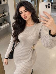 Feyla Plus Size Elegant Metal Buckle Pleated Knit Dress - Khaki - View 7
