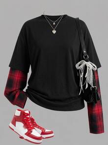 SHEIN 青少年女孩 T-Shirt 秋冬新款 2合1 黑色拼接格紋時尚圓領寬鬆長袖 T-Shirt 返校季街頭風 萬聖節聖誕節 - 黑色 - 查看 1