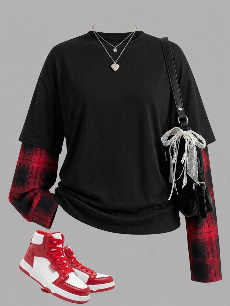 SHEIN 青少年女孩 T-Shirt 秋冬新款 2合1 黑色拼接格紋時尚圓領寬鬆長袖 T-Shirt 返校季街頭風 萬聖節聖誕節 - 黑色 - 查看 1