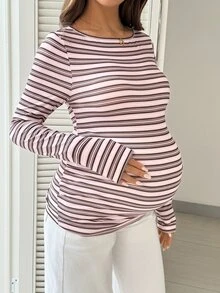 SHEIN Maternity Casual Striped Colorblock Long Sleeve Daily T-Shirt - Pink - View 7