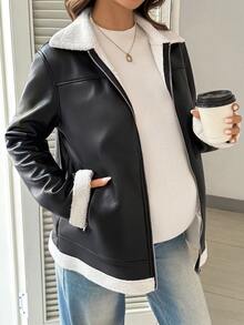 SHEIN جاكيت جلد صناعي عادي للحوامل بتصميم كتل لونية وياقة وسحاب أمامي وجيوب - أبيض وأسود - مشاهدة 3