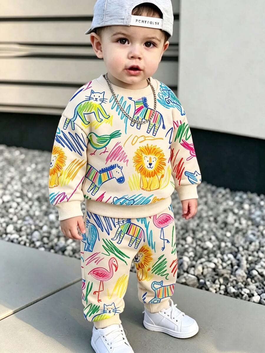 Baby Boys Colorful Graffiti Animal Print 2 Pieces Outfits, Toddler Cute Cartoon Lion Zebra Crewneck Sweatshirt And Sweatpants Set - Multicolor - View 1