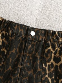 SHEIN Young Girl American Street Style Leopard Print Denim Jeans, Y2K Sweet & Cool Bowknot Cargo Straight Leg Pants, All-Season Versatile Long Pants - Coffee Brown - View 4