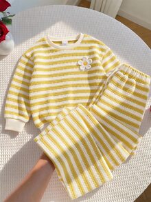 LMoss Kids 幼女幼童休閒條紋圓領長袖運動衫與長褲2件套 - 黃色 - 查看 8
