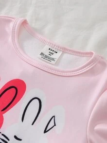 Girls Sweet Cute Comfortable Soft Thick Thermal Lined Fitted Fabric Pink Rabbit Bow Heart Rainbow Cloud Print Round Neck Pullover Long Sleeve Top And Pants Loungewear Set 2pcs - Multicolor - View 6
