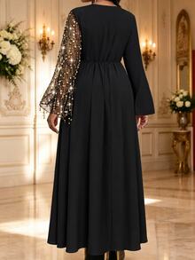 SHEIN Lady Plus Size Exquisite Sequin Tassel Ruffle Cuff Dress Fall - Black - View 2