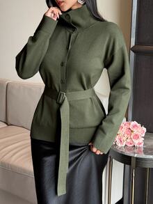 DAZY Green Collared Tie Waist Loose Long Sleeve Elegant Casual Versatile Knit Cardigan - Grey - View 5