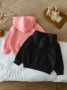 SHEIN LMoss Kids 買1送1，2件組女款純色連帽寬鬆休閒衛衣，度假風，休閒學院風，適合秋冬，日常穿著 - 彩色 - 查看 2
