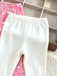 SHEIN 2pcs/Set Legging Balita Perempuan, Merah Muda & Putih, Bahan Fleece Satu Potong dengan Pinggiran Bergelombang, Motif Hati & Kelinci, Gaya Sederhana, Kasual, Nyaman, Lembut, dan Serbaguna, Musim Semi/Musim Gugur/Musim Dingin - MultiWarna - View 3