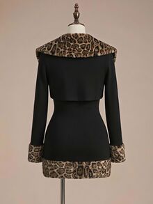 ROMWE Millennium Y2K Leopard Print Faux Fur Collar Cropped Knit Cardigan & Slim Fit Waist-Cinching Dress Plus Size 2 Pieces Set For Party And Birthday - Black - View 2
