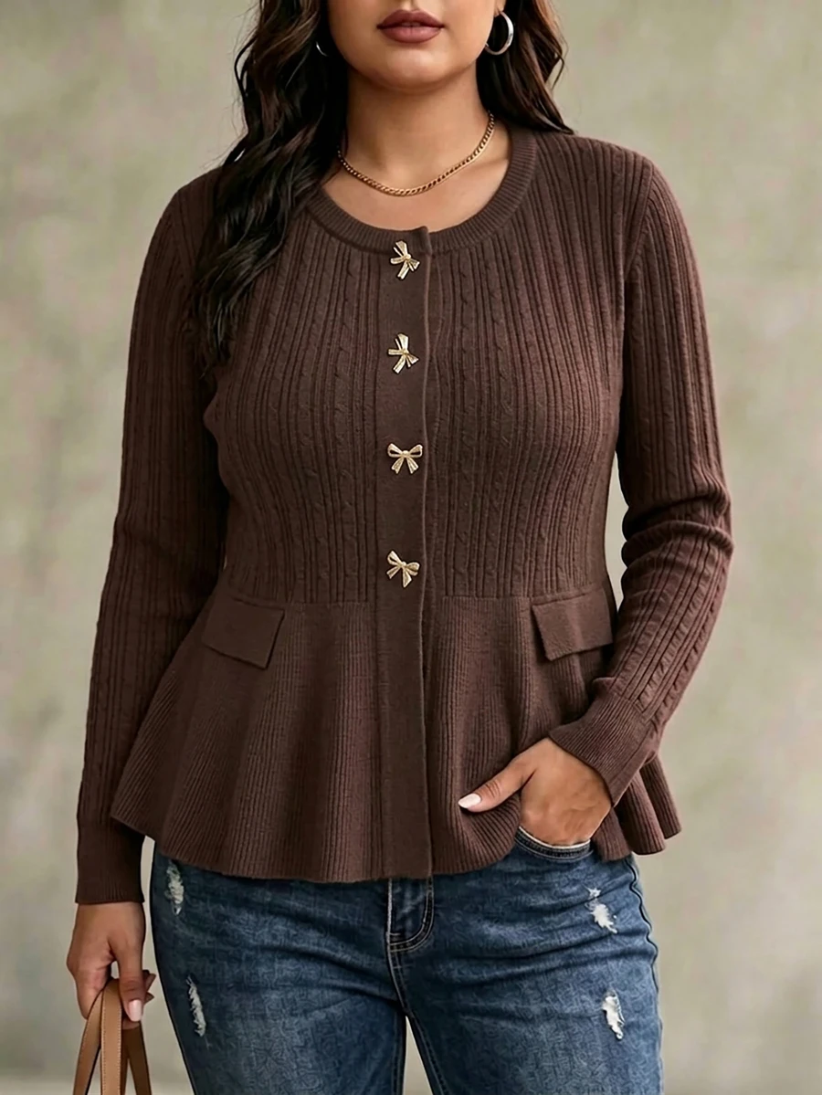 GlowEve CURVE Plus Size Women's Solid Color Casual Versatile Daily Wear Cardigan - Coffee Brown - View 1
