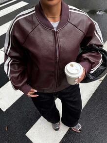 Dazy Plus Contrast Color Webbing Loose Baseball Jacket Long Sleeve Casual Streetwear Vacation Spring Autumn PU Jacket Regular Fit - Rust Brown - View 4