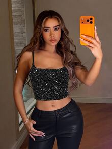SHEIN ICON Y2k Summer Women's Club Sexy Sparkly Going Out Party Prom Sequin Patchwork Casual Versatile Daily Wear Camisole Top,Summer Top - Black - View 5