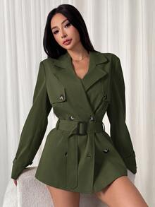 SHEIN EZwear 秋冬雙排扣收腰中長款風衣 - 軍綠色 - 查看 4