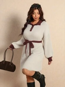 Elaquor Plus Size Women's Autumn/Winter Contrast Color Polo Collar Lantern Sleeve Belted Sweater Dress - Multicolor - View 3