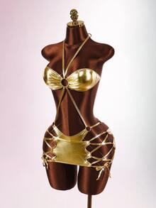 Amplova Women's Gold 2 Pieces Swimsuit Set With Tassel Mini Skirt, One-Piece Cutout Backless Sexy Metallic Swimwear - Gold - View 5